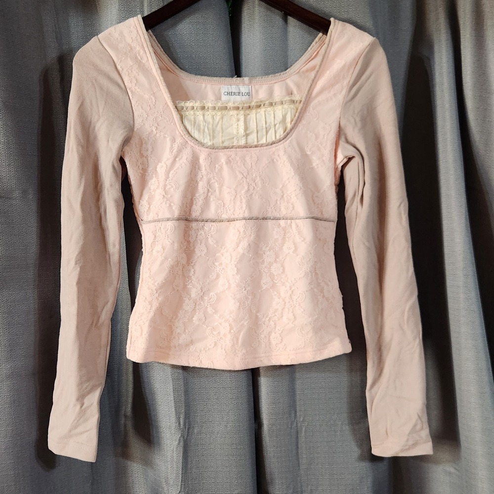 Cherie Lou Pink Lace Empire Waist Long Sleeve Top XS Coquette Balletcore Regency